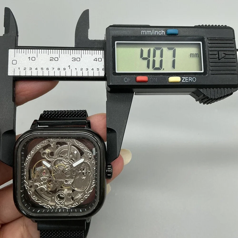 Mens Watch 41mm Square Skeleton Dial Black Mesh Automatic Stainless Steel